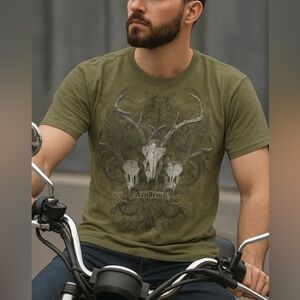 Vtg Y2K Biker Motercycle Style Retro Cowboy Grunge Army Green Graphic Shirt XL